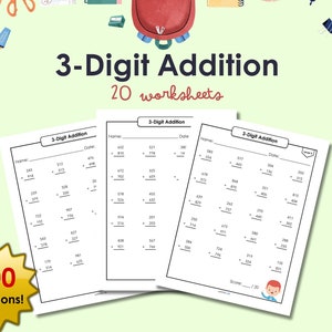 20 3-Digit Addition Worksheets | Math Printable Worksheets | 20 Pages | 400 Additions | 2nd Grade Math | Homeschool