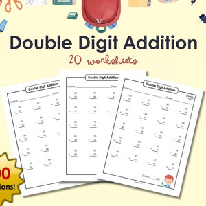 20 Double Digit Addition Worksheets | Math Printable Worksheets | 20 Pages | 400 Additions | 1st Grade Math | Homeschool