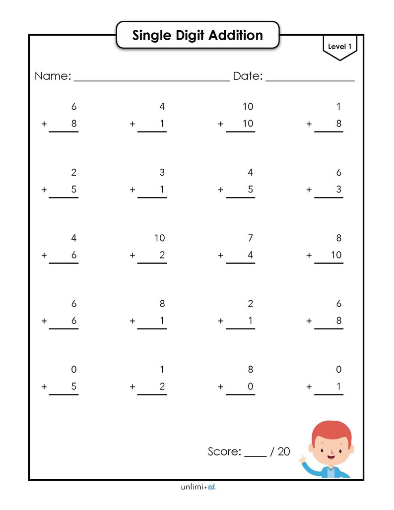 20 Single Digit Addition Worksheets Math Printable Worksheets 20 Pages ...