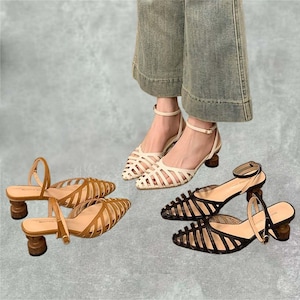 Vintage Vegan Leather Woven Block Heel Sandals for Women – Strappy Retro Summer Shoes with Ankle Strap