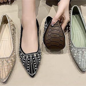 Elegant Pearl Flats, Pointed Toe Bridesmaids Shoes, Formal Event Shoes, low Heel Casual Dress Shoes