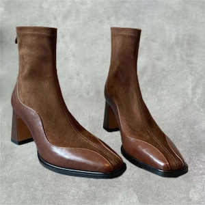 Women Leather High Heel Boot, Elegant Block Heel Shoes, Stylish Ankle Boot for Casual and Semi-Formal Wear