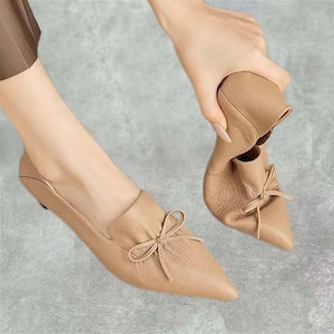 Elegant Sheep Leather Low-Heeled Loafers with Bow – Pointed Toe Shoes for Women