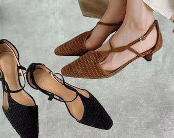 Vintage Woven Kitten Heel Mary Jane Shoes – Elegant Retro Heels - Brown & Black Sandals