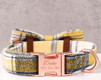 Personalized yellow Plaid Dog Collar & Bow Set:Engraved Pet Name Collar,Christmas collar