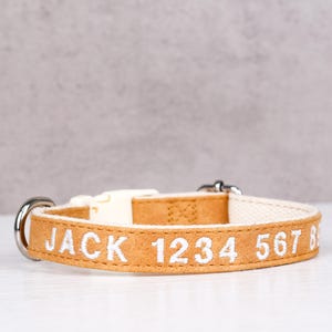 Può includere: Un collare per cani in pelle marrone con cuciture bianche e il testo "JACK 1234 567 8" ricamato su di esso.