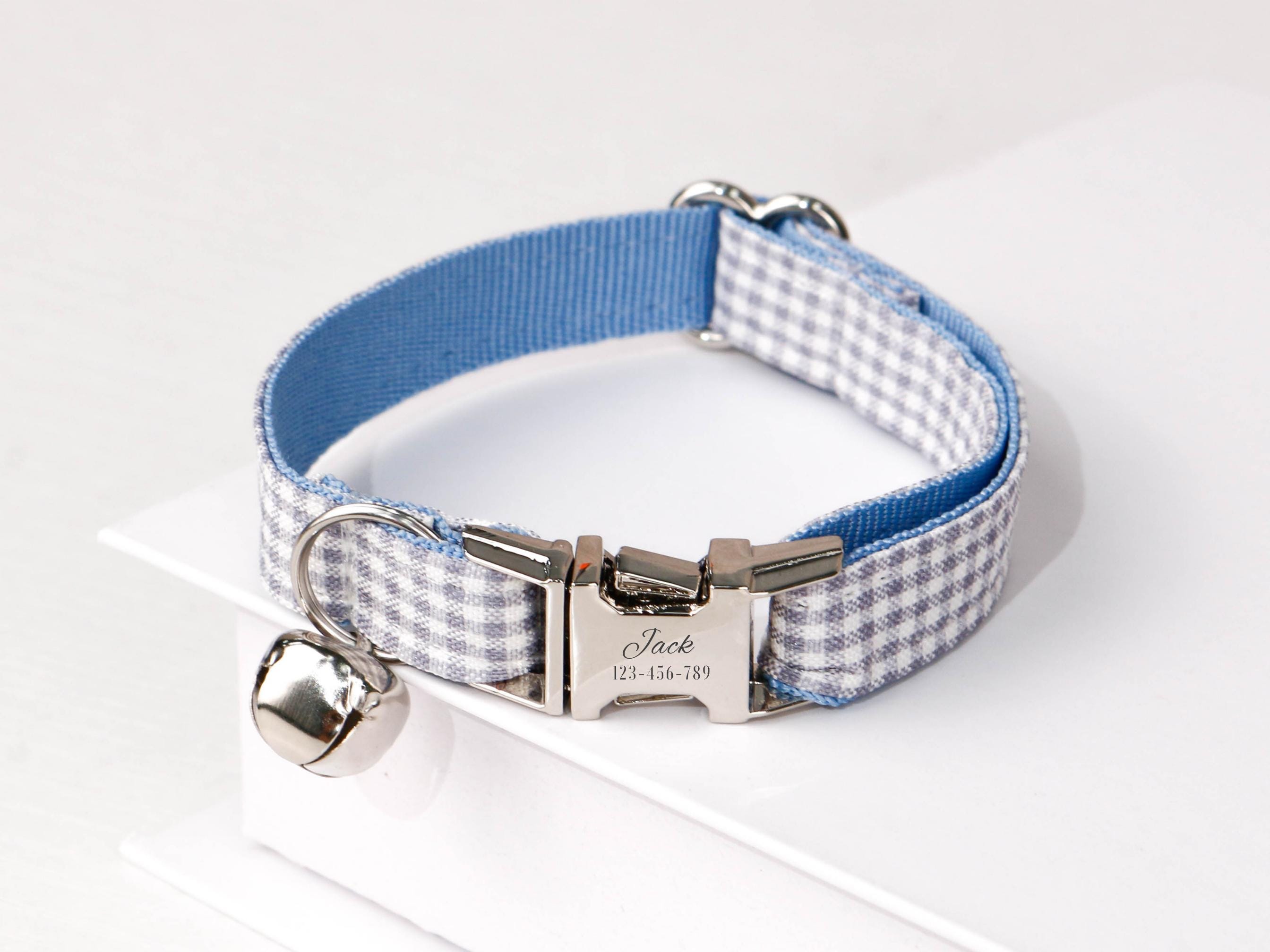 Plaid cat collar bow set with name Blue cat collar with bell Personalized Christmas cat collar Engraved pet name tag metal buckle