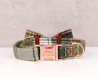 Aangepaste kerst geruite hondenhalsband, gepersonaliseerde strik hondenhalsband, gegraveerde metalen naamplaatjes huisdier, bruiloft hondenhalsband, puppyhalsband