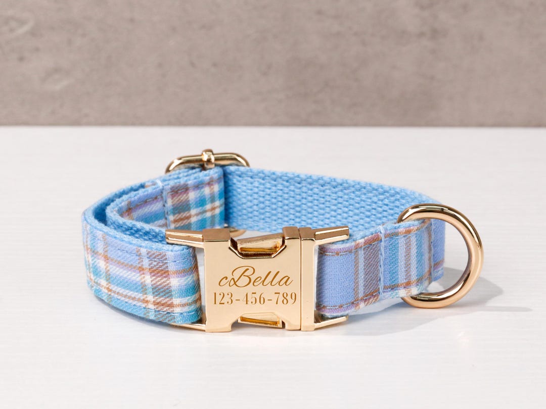 Custom Blue Plaid Dog Collar Set: Engraved Pet Name Tag Metal Buckle - Etsy