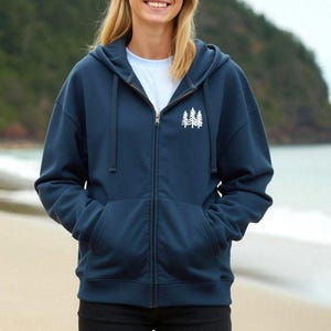 Pine Trees Organic Cotton Zip Hoodie: Outdoors Camping Sweatshirt, Mountain Hiking Adventures