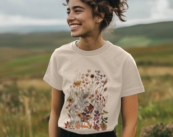 Organic Cotton Autumn T-shirt, Floral Wild Meadow & Fox Print