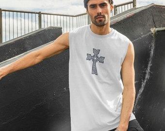 Men's White Tank/vest. Featuring Celtic Cross.  Summer Warm Weather Street Wear. Organic Cotton