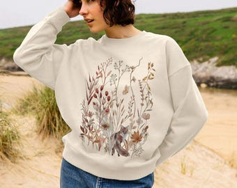 Organic Autumn Floral Sweatshirt: Fall Meadow Relaxed Jumper, Botanical Art Gift