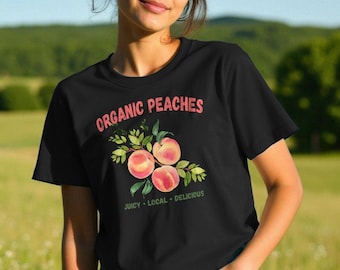 Koszulka damska z bawełny organicznej Vintage Peaches: Ekologiczna koszulka z nadrukiem Peach Farm
