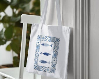 Italian Seaside Organic Cotton Tote Bag: Coastal Mosaic & Sardines Design