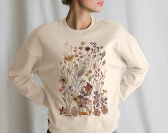 Autumn Meadow Oversized Organic Cotton Jumper: Fall Flowers Cozy Sweatshirt | Autumn Botanical Sweater
