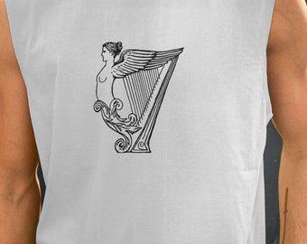 Men's White Tank/vest. Featuring Celtic Harp.  Summer Warm Weather Street Wear.