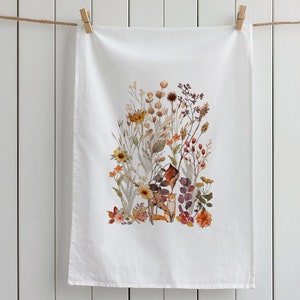 Autumn Flowers Large Dish Towel | Fall Season Flower Kitchen Decor Gift | Fall Botanical Tea Towel | Organic Cotton