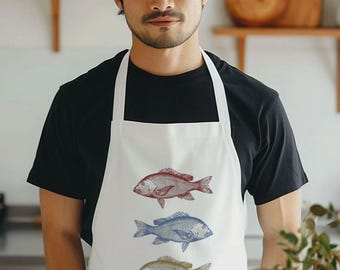 Organic Cotton Fish Apron | Fishing Seafood Kitchen Apron Coastal Chef Gift
