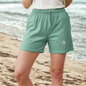 Womens Organic Draw String Palm Tree Shorts: Soft French Terry Cotton Short Joggers