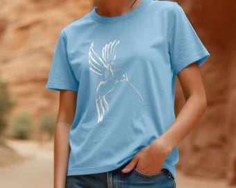 Kolibri-Damen-T-Shirt: Bio-Baumwoll-T-Shirt für Vogelliebhaber in Pastelltönen
