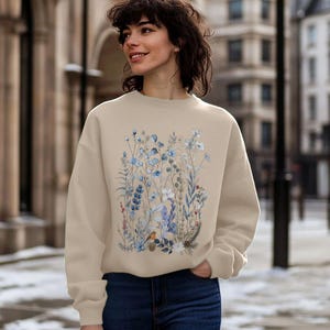 Bluza z organicznej bawełny w kwiaty, oversize, zimowa, z motywem liści i rudzika, prezent w stylu botanicznym