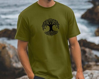 Celtic Tree Men's T-shirt In Moss Green| Tree Of Life, Longevity, And Strength| Outdoor Adventures, And Ireland Vibes| Organic Cotton
