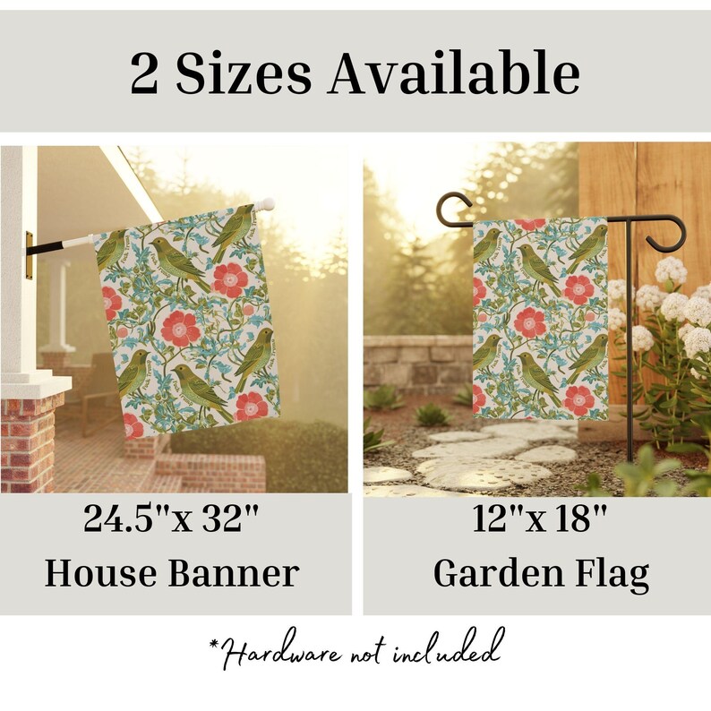 May include: Two garden flags with a floral and bird pattern are displayed. One is a house banner, 24.5" x 32", and the other is a garden flag, 12" x 18". The flags feature a white background with red flowers, green leaves, and green birds. The text "2 Sizes Available" is at the top.