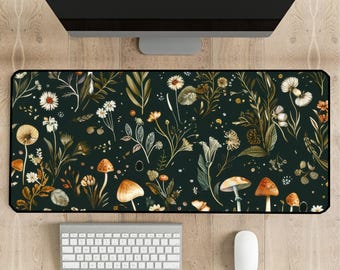 Dark Cottagecore Mushroom Mat, Floral Desk Mat, Botanical Mouse Pad, Wildflower Mousepad, Nature Desk Decor, Garden Deskmat, Plant Desk Pad