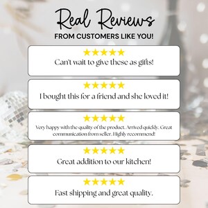May include: Image featuring customer reviews with text: "Real Reviews From Customers Like You!" and five positive testimonials. Each review includes a 5-star rating and a short comment about the product.