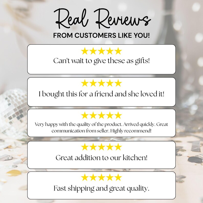 May include: Image featuring customer reviews with text: "Real Reviews From Customers Like You!" and five positive testimonials. Each review includes a 5-star rating and a short comment about the product.