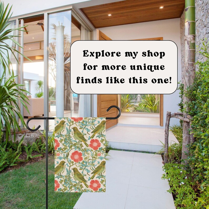 May include: A garden flag with a floral and bird pattern. The flag features a cream background with red flowers, green leaves, and green birds. The text on the image reads: Explore my shop for more unique finds like this one!