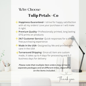 May include: White background with text that reads "Why Choose Tulip Petals + Co." The text highlights customer satisfaction, premium quality, 24/7 customer service, and USA-made products. The image also includes a desk lamp and a small pencil holder.