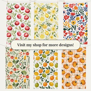 May include: A collection of six decorative kitchen towels with various patterns. Designs include red apples, lemons, sunflowers, colorful flowers, vegetables, citrus fruits, and pumpkins. The text "Visit my shop for more designs!" is also visible.
