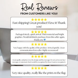 May include: Image featuring customer reviews with the headline "Real Reviews From Customers Like You!". The reviews are displayed in white boxes with gold star ratings. The reviews mention fast shipping, great product quality, and satisfaction.