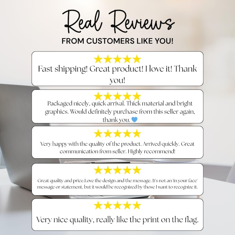 May include: Image featuring customer reviews with the headline "Real Reviews From Customers Like You!". The reviews are displayed in white boxes with gold star ratings. The reviews mention fast shipping, great product quality, and satisfaction.