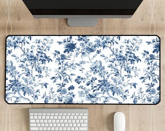 Blue Floral Chinoiserie Desk Mat, Blue White Flowers Desk Pad, Preppy Mouse Pad, Aesthetic Desk Accessory, Blue Toile Floral Decor Desk Pad