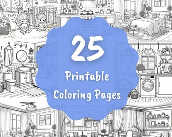 Pocket Room 25 páginas para colorear imprimibles, páginas para colorear creativas y vibrantes, desbloquea tu artista interior, diseño de interiores inspirador