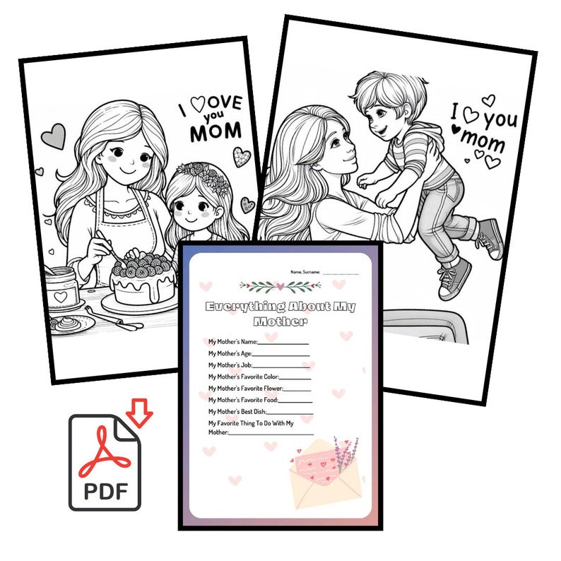 15 Página para colorear imprimible del Día de la Madre, Mamá e hijo, Mamá e hija, Te amo mamá, Actividad del Día de la Madre imagen 2