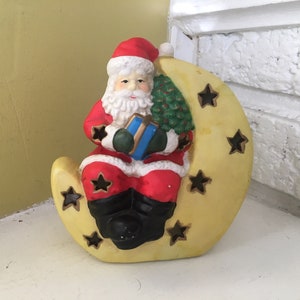 Santa on the Moon Candle Holder Incense Burner / Ceramic Chiminea Luminary Lantern / Vintage Holiday Decor / Crescent Moon Christmas Tree image 1