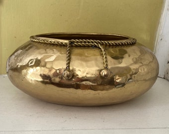 Hammered Brass Oval Planter Pot Bowl Dish with Brass Rope Trim | Wedding Decor Centerpiece | Beautiful Unique Ornate Piece