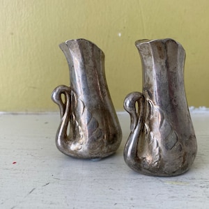 Silver Plate Swan Figural Salt & Pepper Shakers / Small Personal Sculptural / Vintage Kitchen Collectible