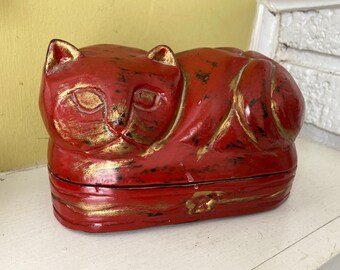 Red Wooden Cat Box | Unique Feline Collectible | Rustic Artisan Oriental Style | Trinket Chest Container