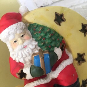 Santa on the Moon Candle Holder Incense Burner / Ceramic Chiminea Luminary Lantern / Vintage Holiday Decor / Crescent Moon Christmas Tree image 3