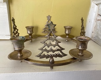Pewter Christmas Tree Ring Candelabra | Holiday Candle Holder Candlestick Candleabra | Silver Three Wick Wreath Tabletop Mantle Decor