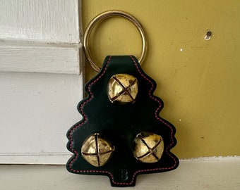 Belsnickel Green Leather Christmas Tree 3 Brass Sleigh Bells 3" Door Hanger Amish USA