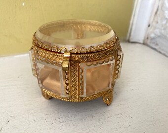 Ormolu Coffin Box / Gold Plastic Ornate Filigree / Paris Apartment Boudoir / Trinket Jewelry Chest Ring Bearer's Box Satin Lined Round