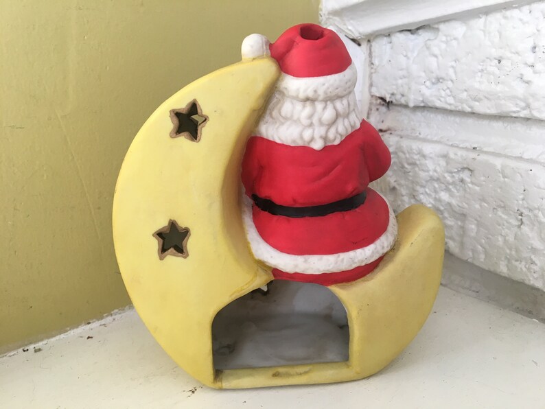 Santa on the Moon Candle Holder Incense Burner / Ceramic Chiminea Luminary Lantern / Vintage Holiday Decor / Crescent Moon Christmas Tree image 6