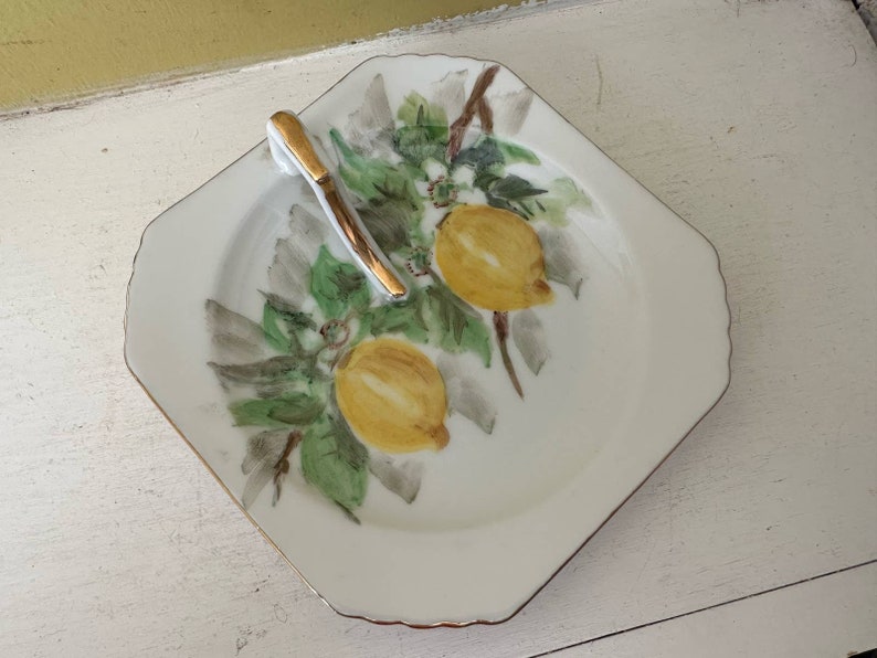 Vintage Handpainted Lemon Nappy Dish Plate PEARL Mark Gold Handle image 2