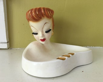 RARE Lefton Bombshell Ashtray / Woman Lady Redhead / Vase Planter / Ceramic / Gold Detail / Trinket Jewelry Dish